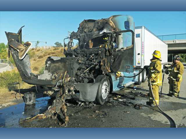 Fire consumes cab of big rig on Interstate 5