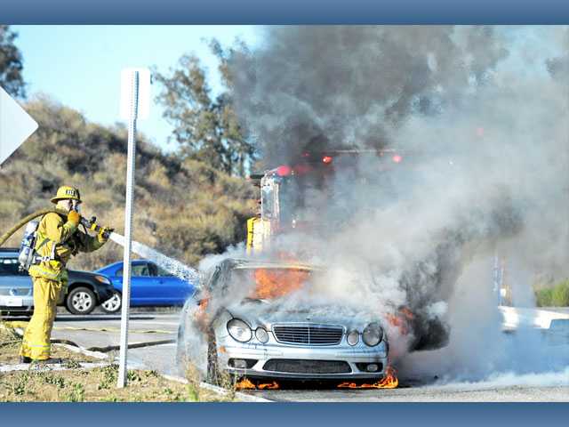 Benz ablaze off Newhall Ranch Road